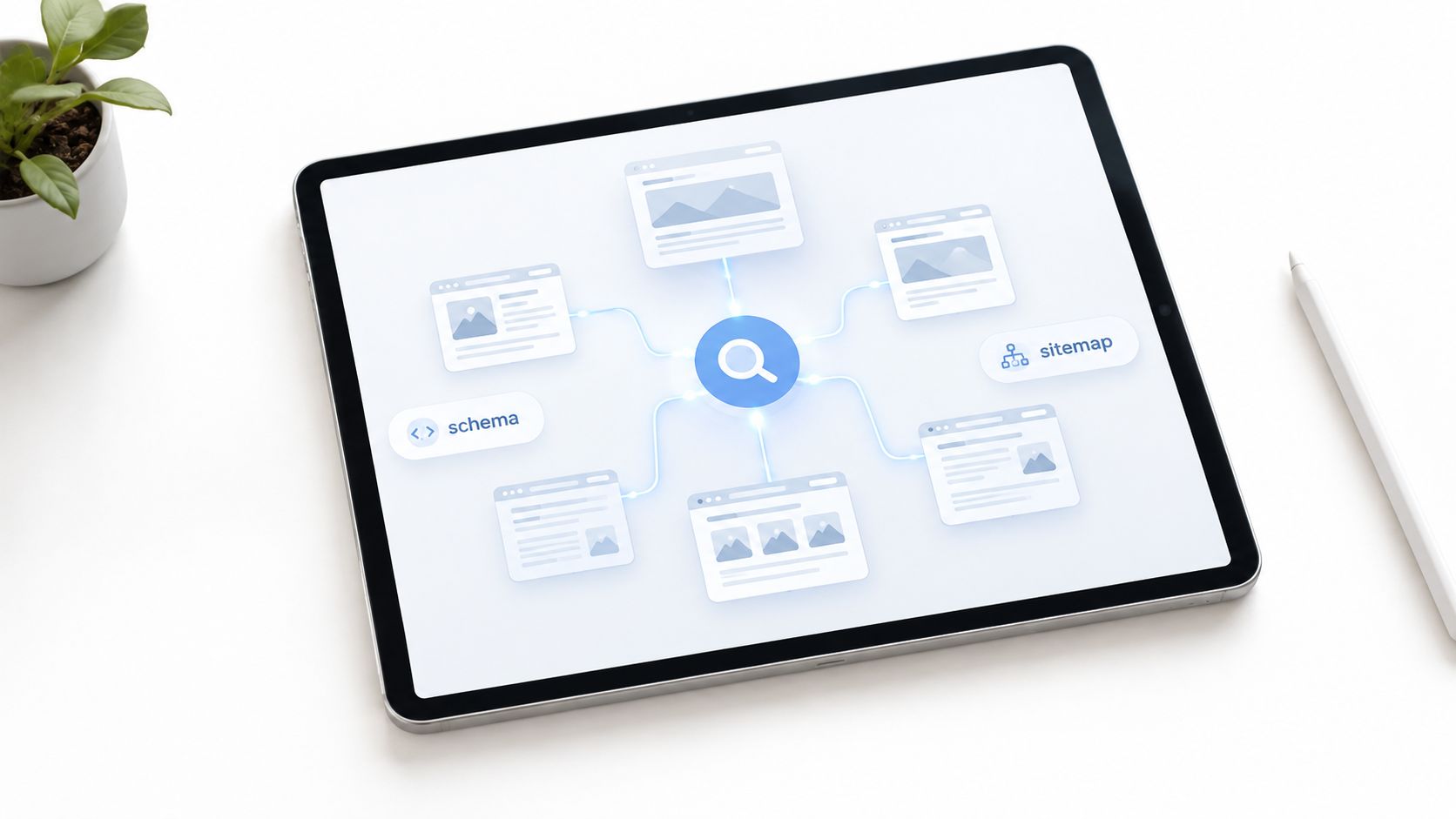 A tablet screen displaying a visual representation of search engine optimization techniques including sitemaps and schema markup.