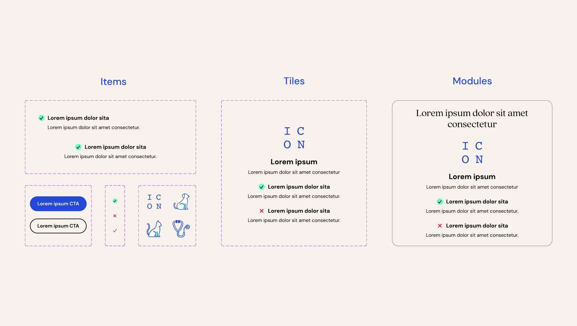A set of email component skeletons with lorem ipsum.
