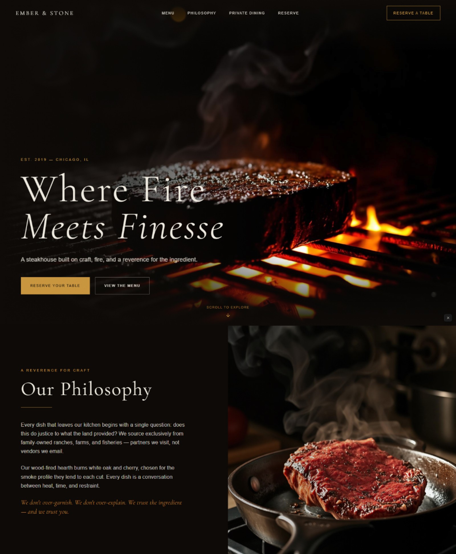 Restaurant website AI prompt – Ember & Stone dark editorial design preview
