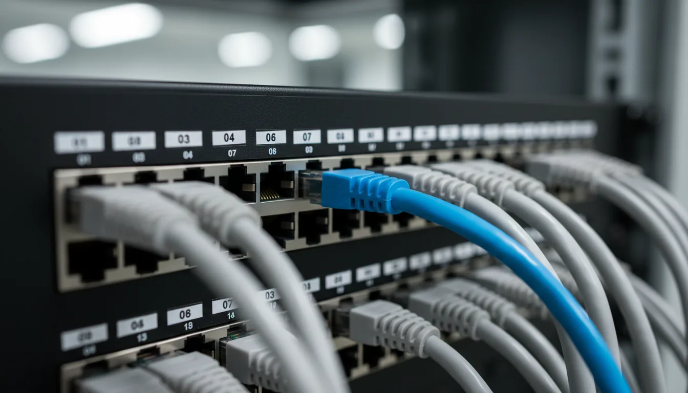 DSLR macro shot of a black server rack network patch panel, with multiple grey and one prominent blue ethernet cable plugged into the RJ45 ports. Shallow depth of field with sharp focus on the central blue cable, creating a soft bokeh background and foreground. Cool, even lighting typical of a data center. White labels with printed numbers are visible above the rows of ports.