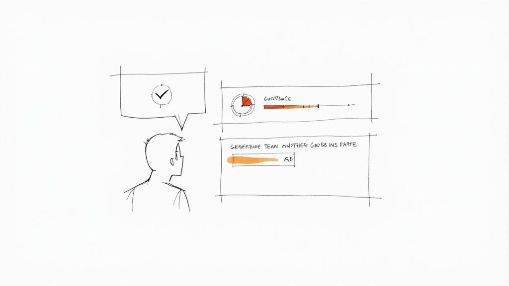 A person with a thought bubble showing a checkmark, looking at data visualizations with progress bars.