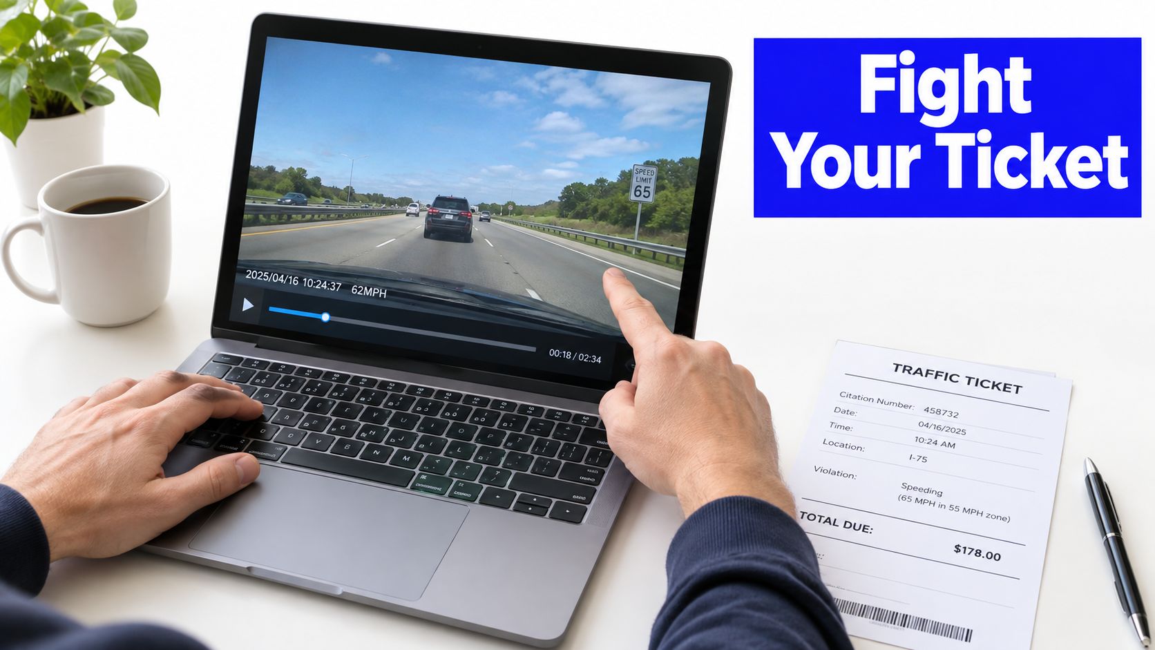 A person using a laptop to review a traffic camera recording while a speeding ticket sits nearby.