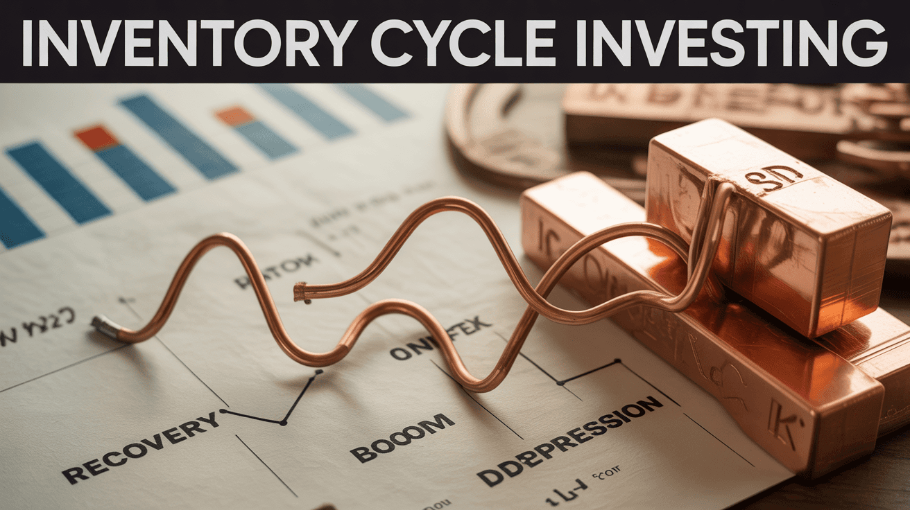 Copper cycle curve over macro chart beside metallic bars with Inventory Cycle Investing headline