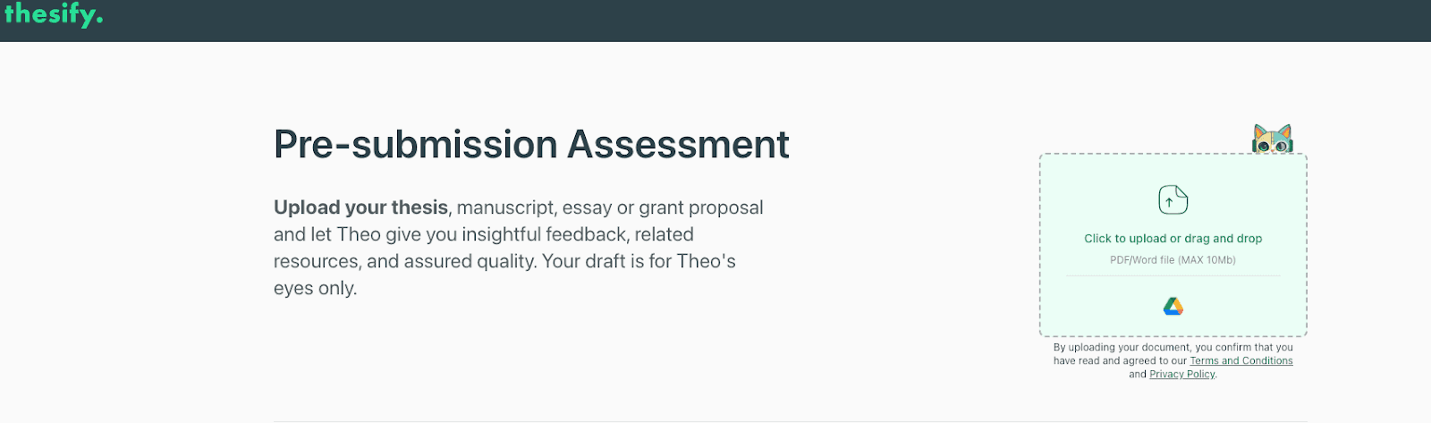 Close-up of thesify’s upload widget inviting the user to click or drag a thesis file for pre-submission review