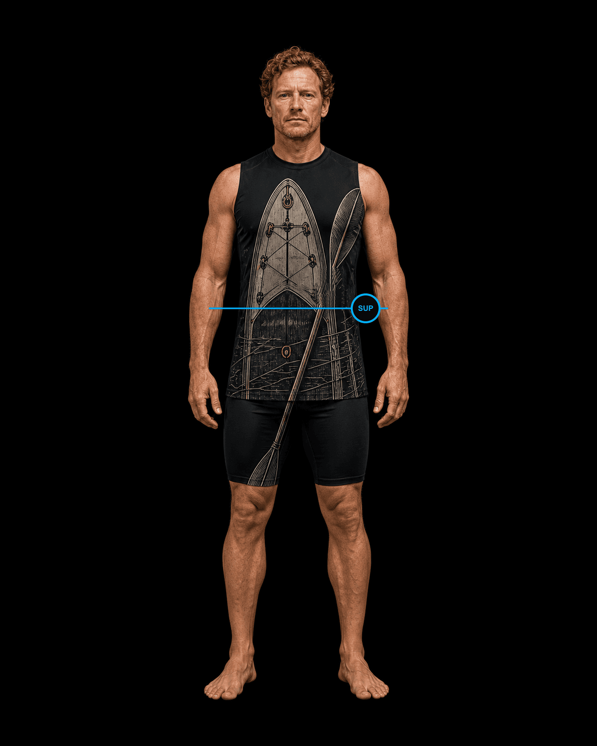 Front view of a male stand-up paddler wearing the black Valkyrie Formation SUP kit concept with an engraved paddleboard deck and single-blade paddle.
