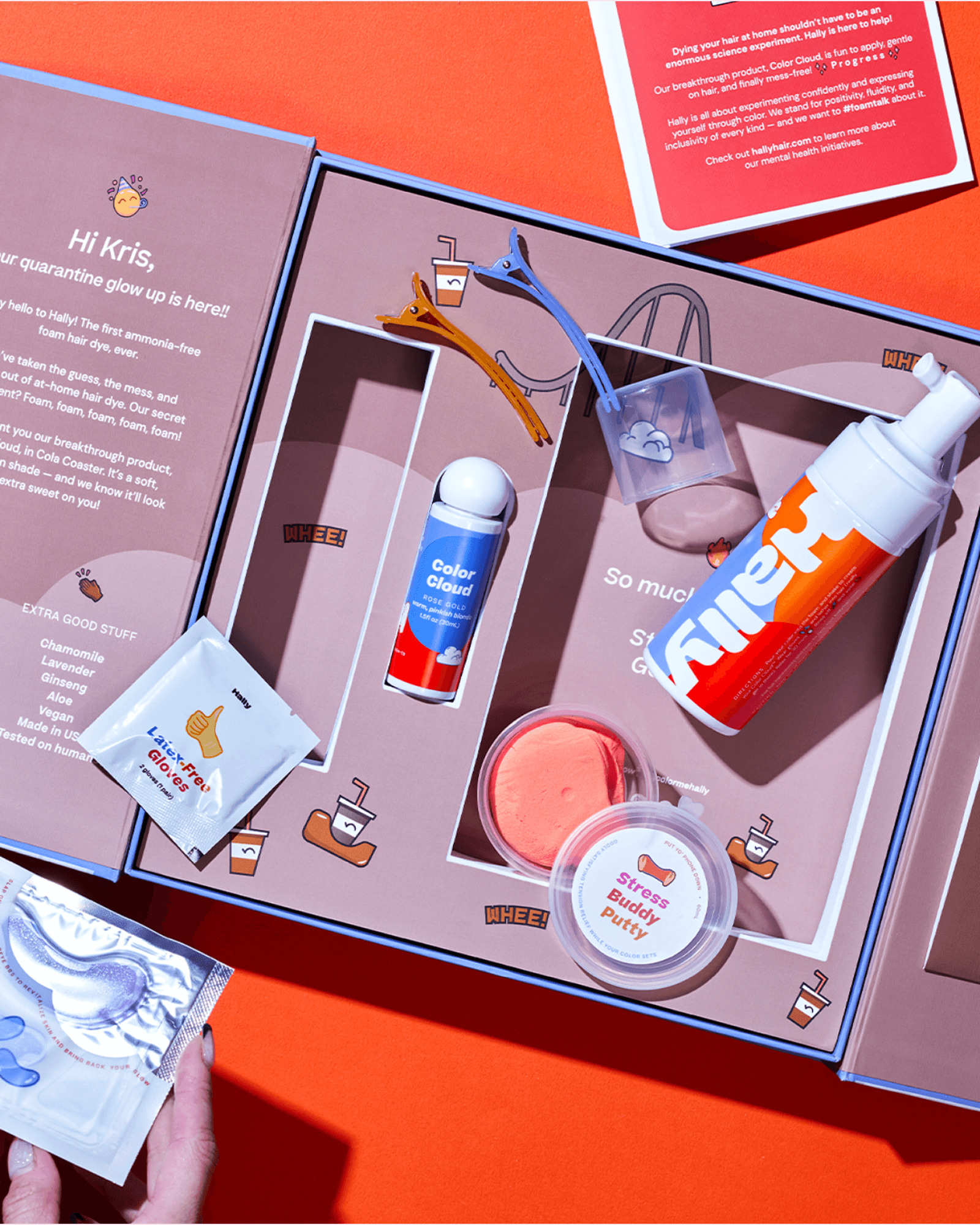 Flat lay of a personalized Hally launch kit, foam dye, Color Cloud, gloves and stress putty arranged over hand-drawn arcade art.