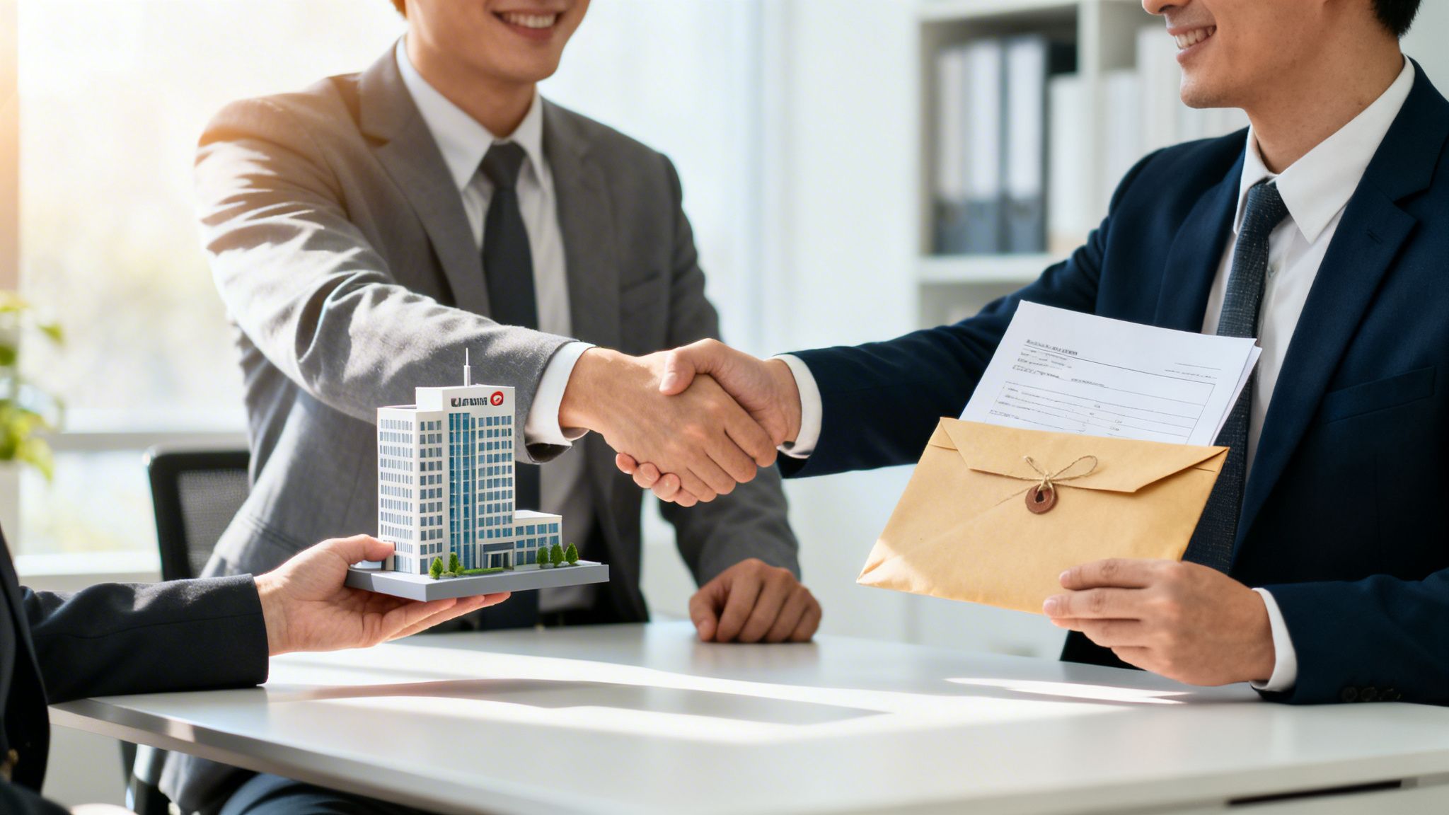 Två affärsmän skakar hand vid ett bord, med en byggnadsmodell och dokument i ett kuvert.