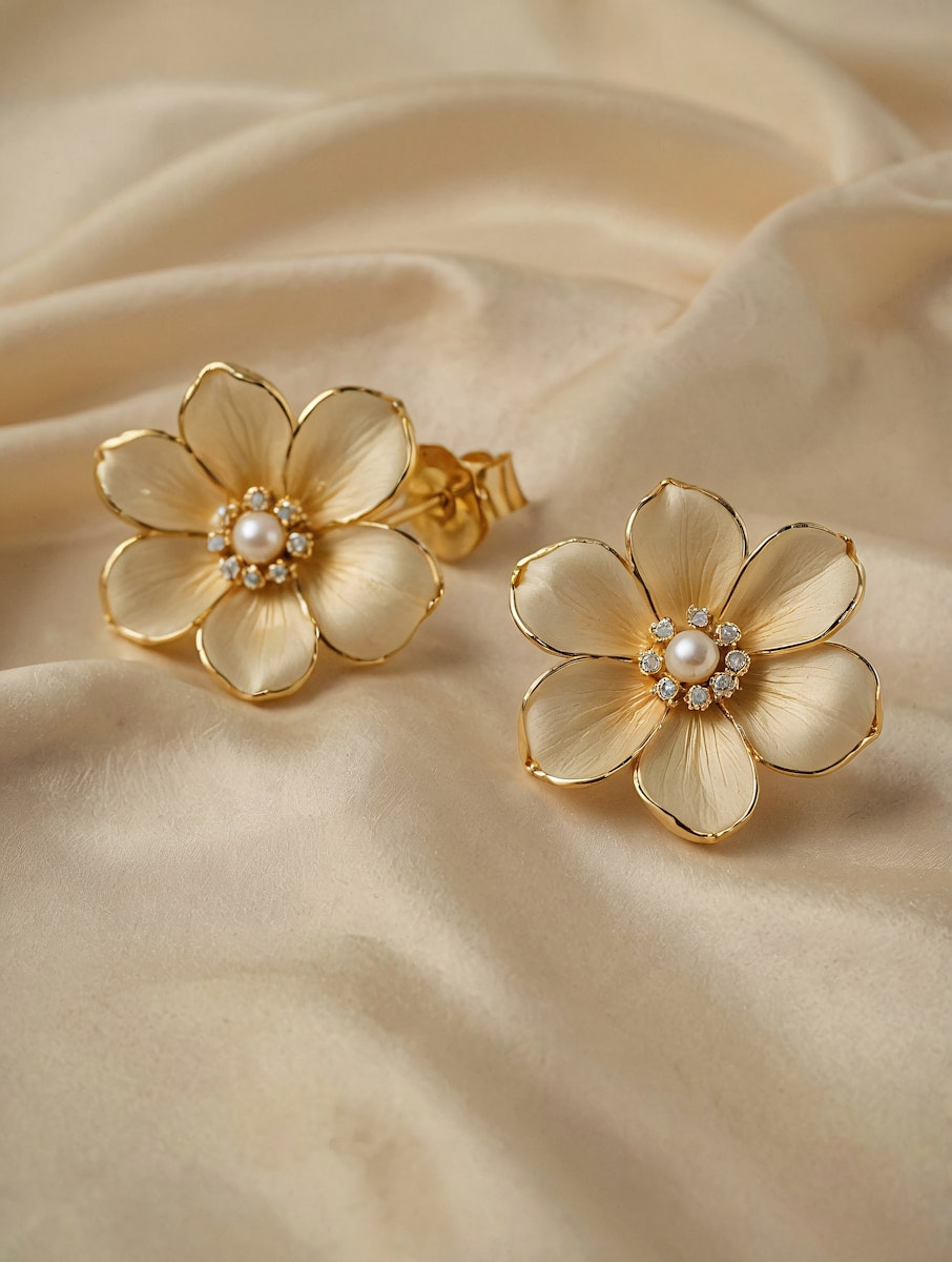 Elegant gold-tone floral earrings with pearl and gemstone accents, displayed on soft beige fabric for a luxurious and refined look.