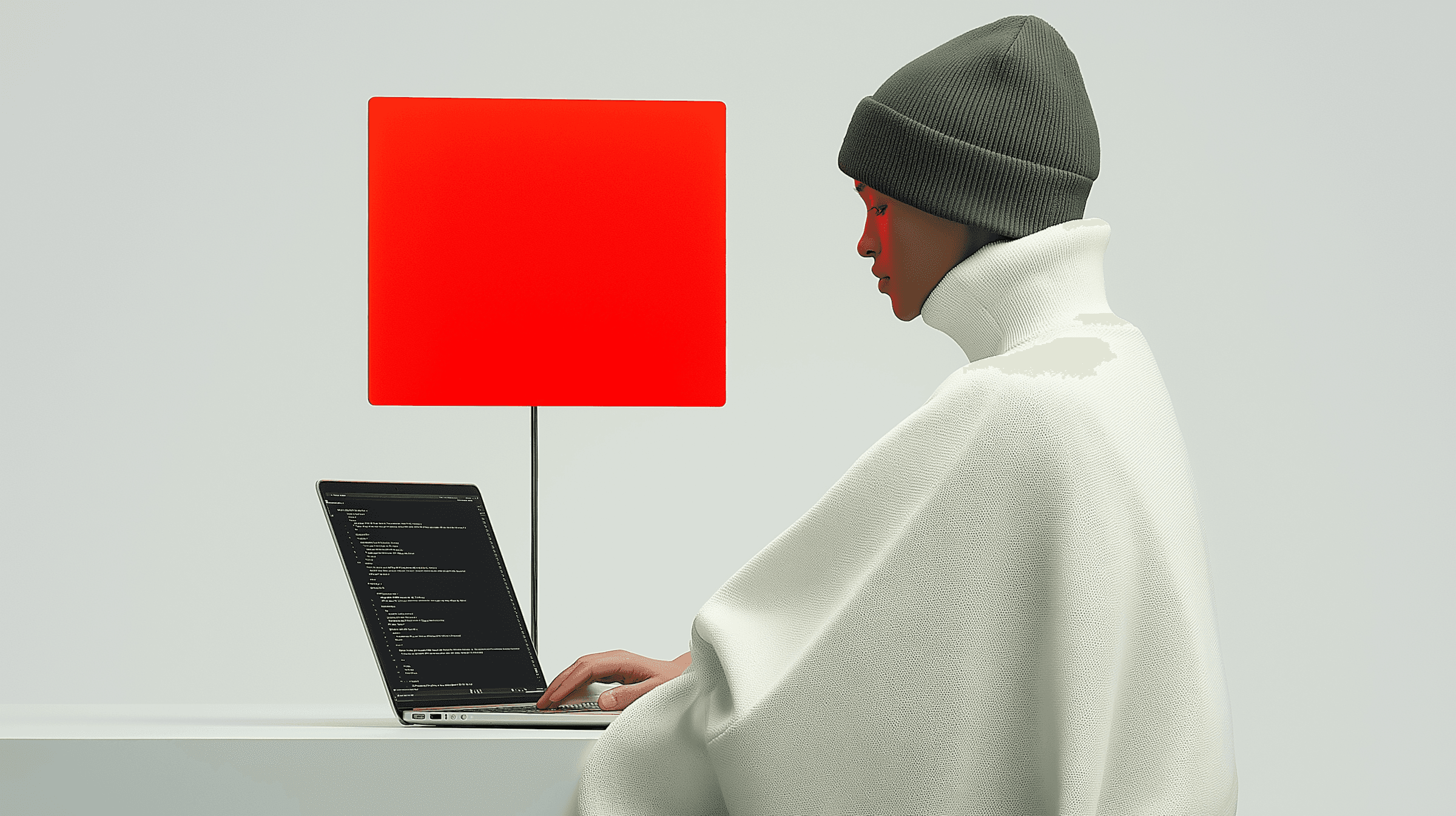 Person coding on a laptop with a red panel in the background, wearing a gray beanie and white sweater. Modern and minimalistic setup.