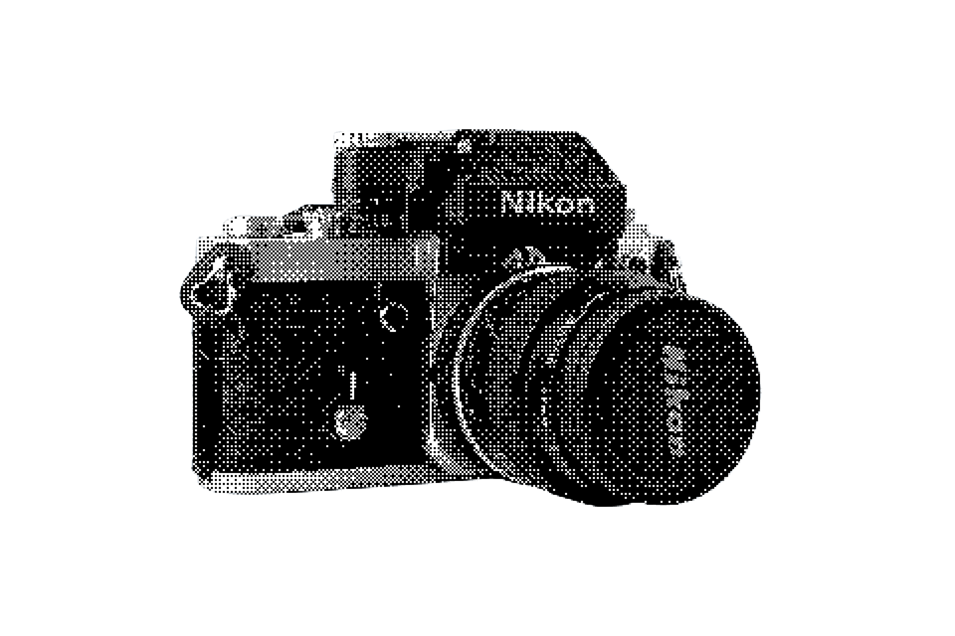 A black and white halftone graphic of a vintage Nikon film camera, shown from a front-three-quarter angle against a white background.