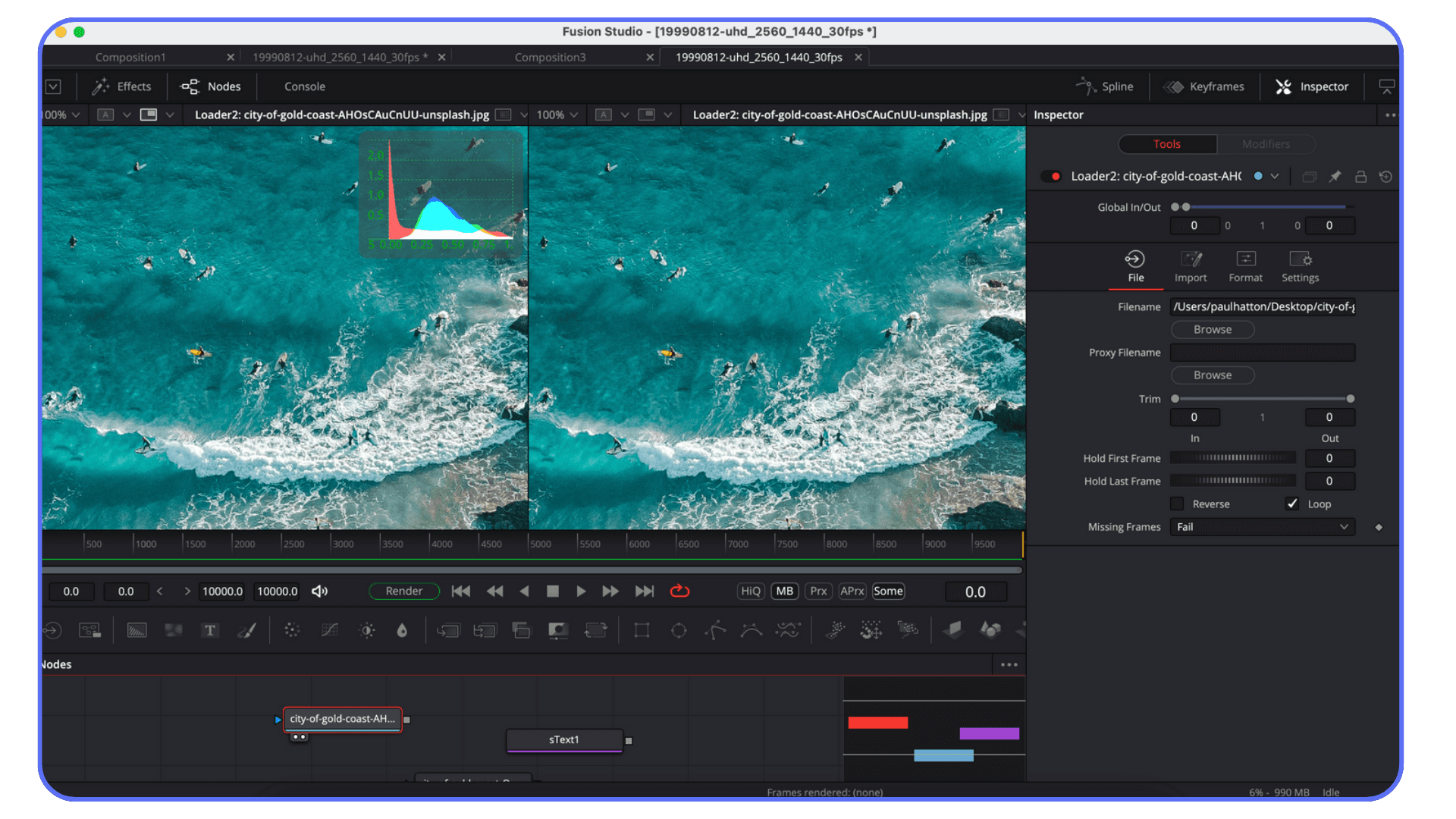 Blackmagic Fusion Studio interface showing node-based compositing and color scopes
