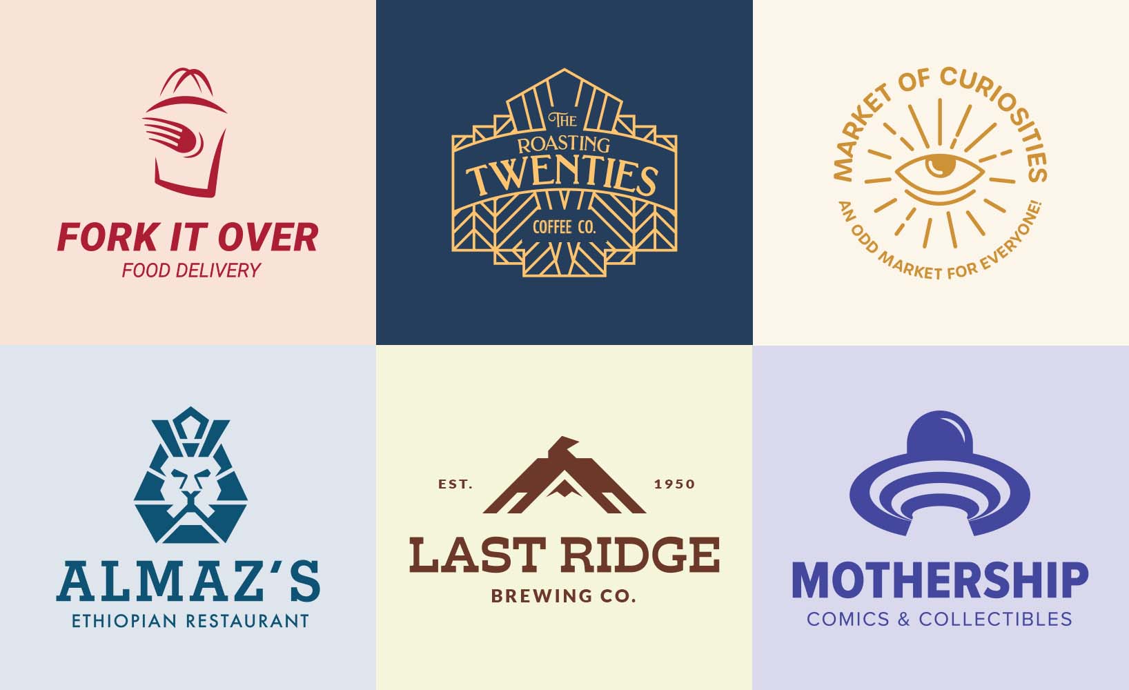 Multiple logos designed by Tyler Miller presented as a logoboard