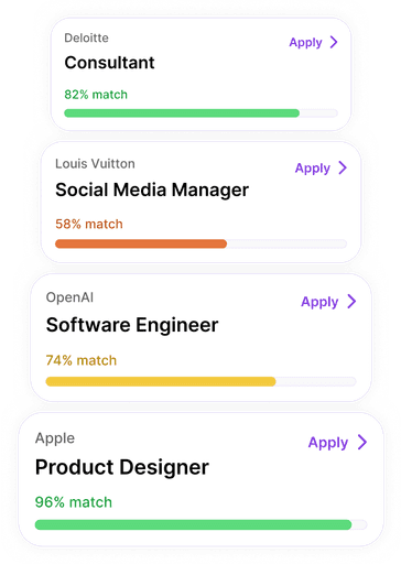 Ace auto-apply dashboard showing job matches at Louis Vuitton, OpenAI, and Apple with match percentages.