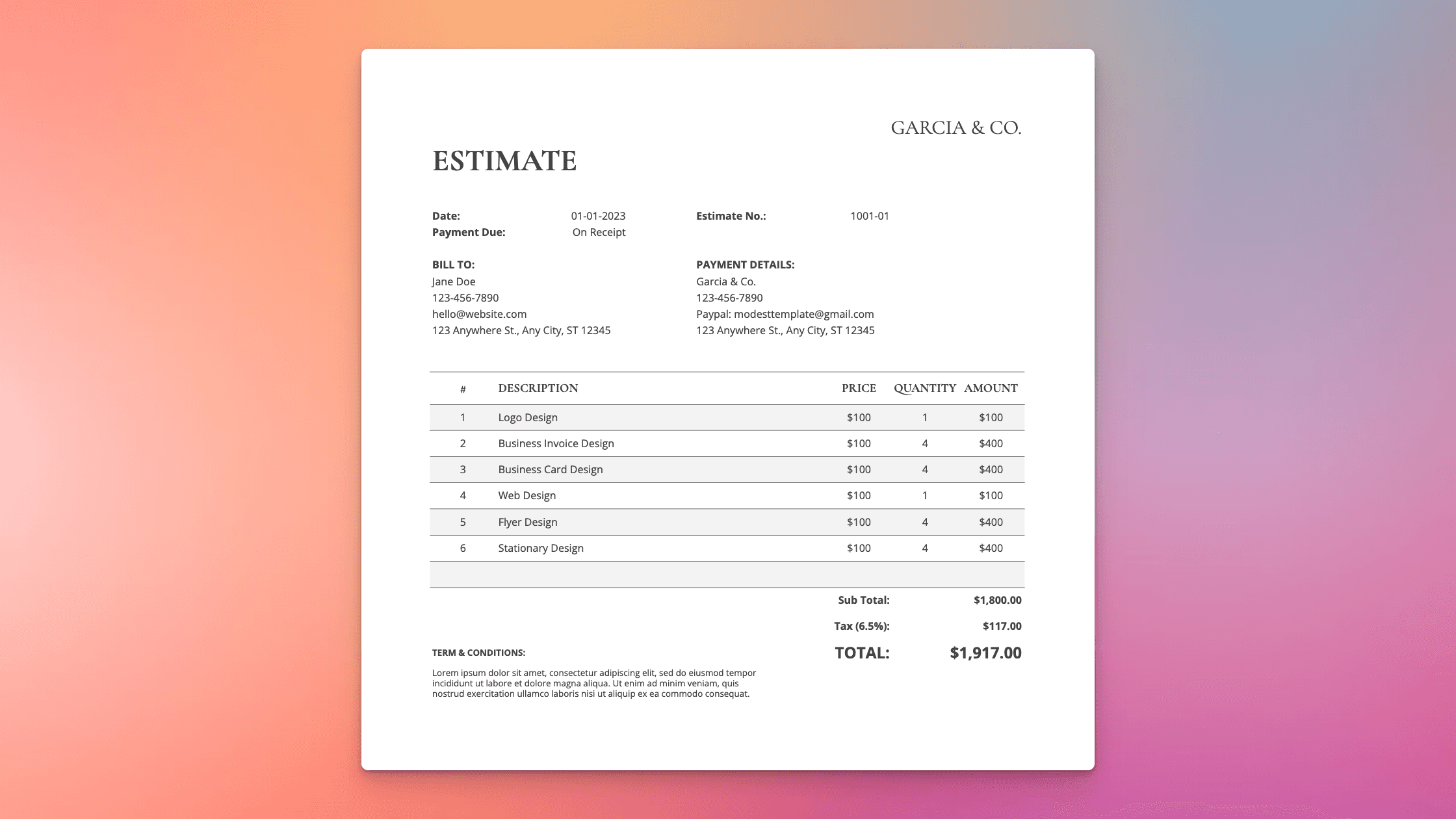 Estimate spreadsheet template displaying itemized services, quantities, and totals for professional client proposals.