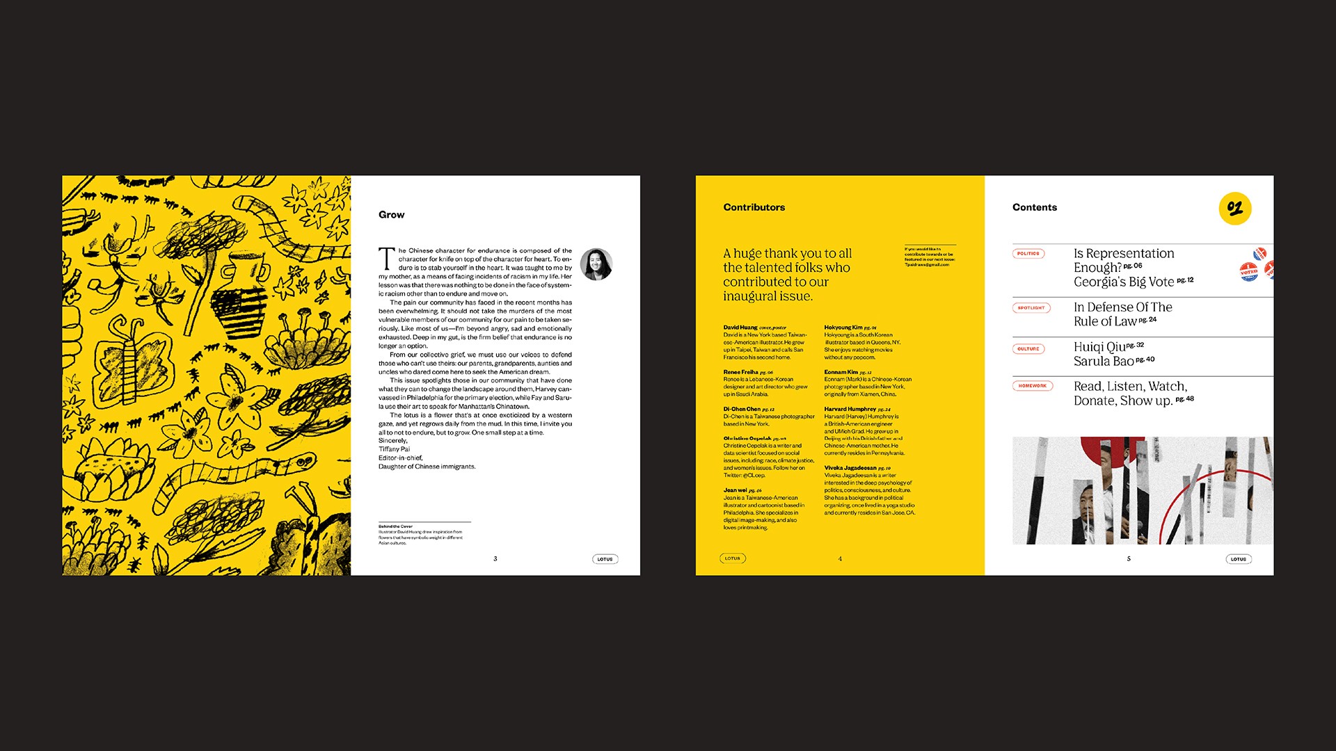 The image shows two pages of a book or magazine spread. The left page features a yellow background with hand-drawn illustrations of flowers, a butterfly, and a snake. The text “Grow” is prominently displayed at the top, followed by a body of text. The right page has a white background with black text and a yellow box containing “Contributors” at the top. The page includes sections titled “Contents” and “Contributors,” with articles listed under each heading. The layout is balanced and organized, with text and illustrations arranged in distinct sections.