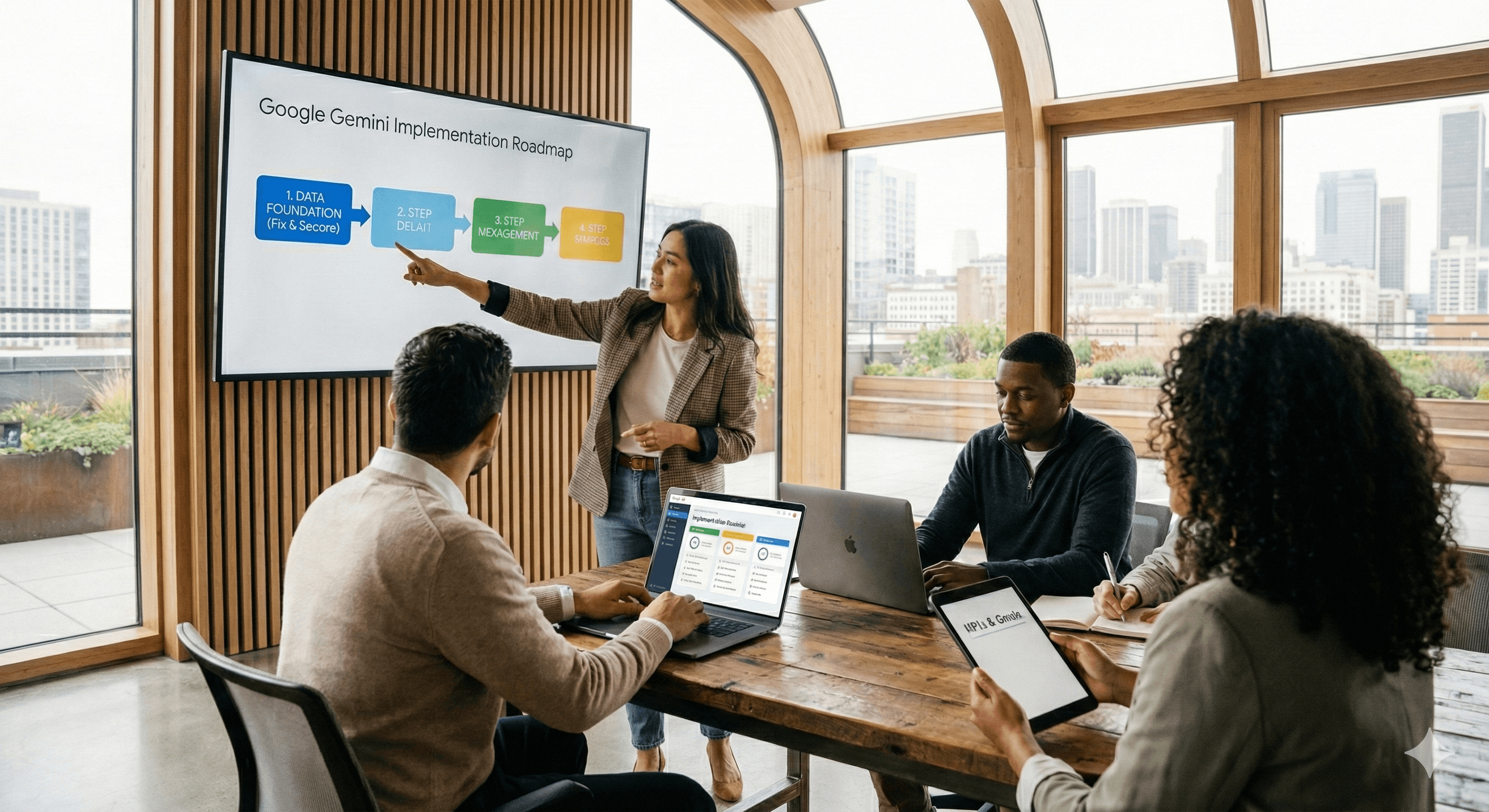 A woman presents a slideshow titled "Google Gemini Implementation Roadmap" to a group of colleagues in a modern office with large windows overlooking a cityscape.