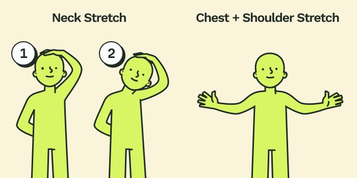 Illustration of neck and shoulder stretches for nurses, showing two simple exercises to reduce stress and relieve tension during shifts. Part of stress management tips in nursing.