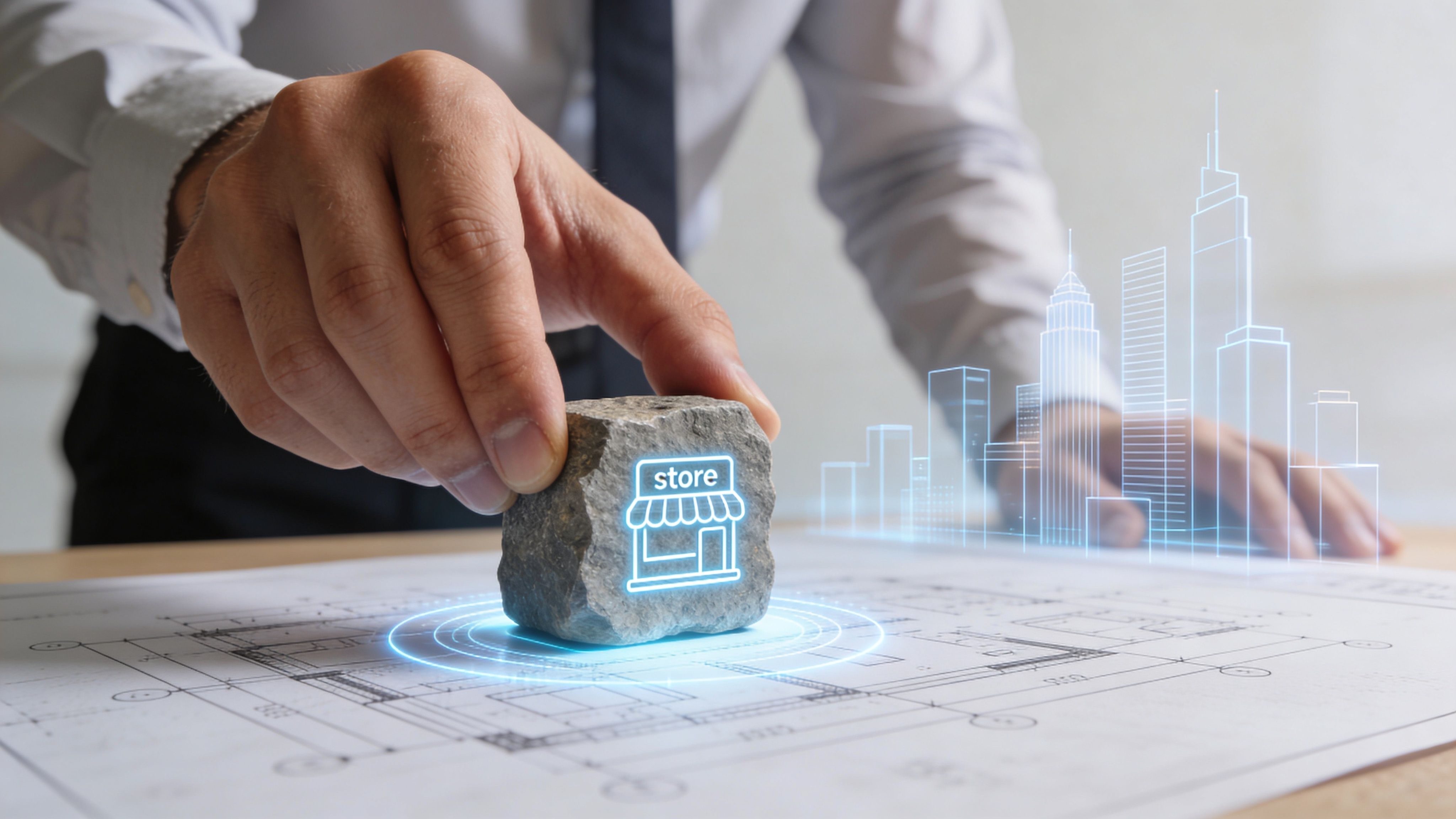 A businessman placing a stone with a digital store icon onto a blueprint to plan retail development.