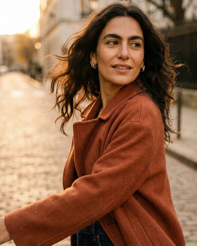 Eleni Vardaki in a rust coat on a cobbled street
