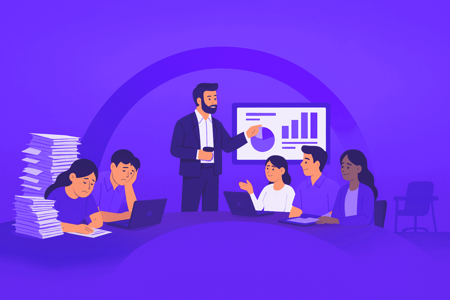 A digital illustration showing a curved productivity arc where a leader points to the peak, guiding a team toward balance; on one side, overworked employees slump under stacks of documents, while on the other, calm, efficient workers collaborate.