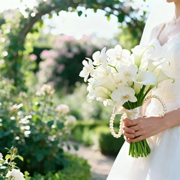Bride holding a white bouquet of orchids and calla lilies in a garden.