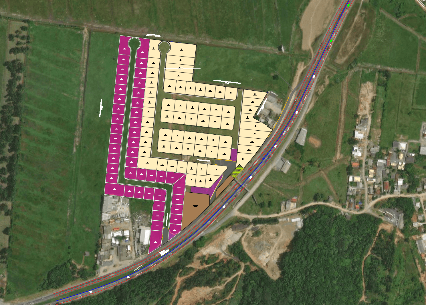 Planta urbanística com divisão de lotes residenciais e comerciais sobreposta a imagem aérea ao lado da rodovia BR-101.