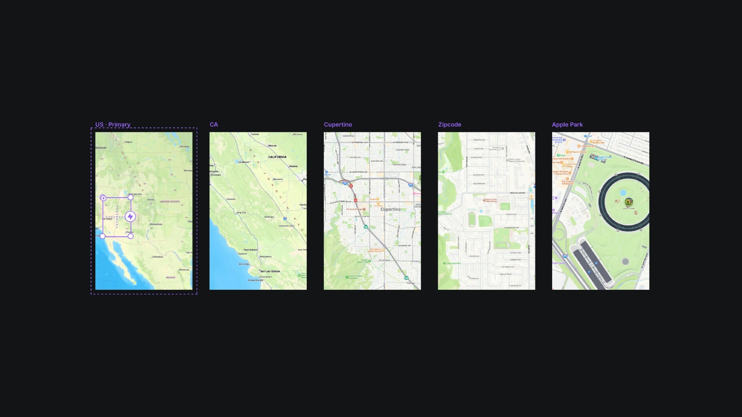 Series of map zoom levels from the U.S. to Apple Park, Cupertino, CA