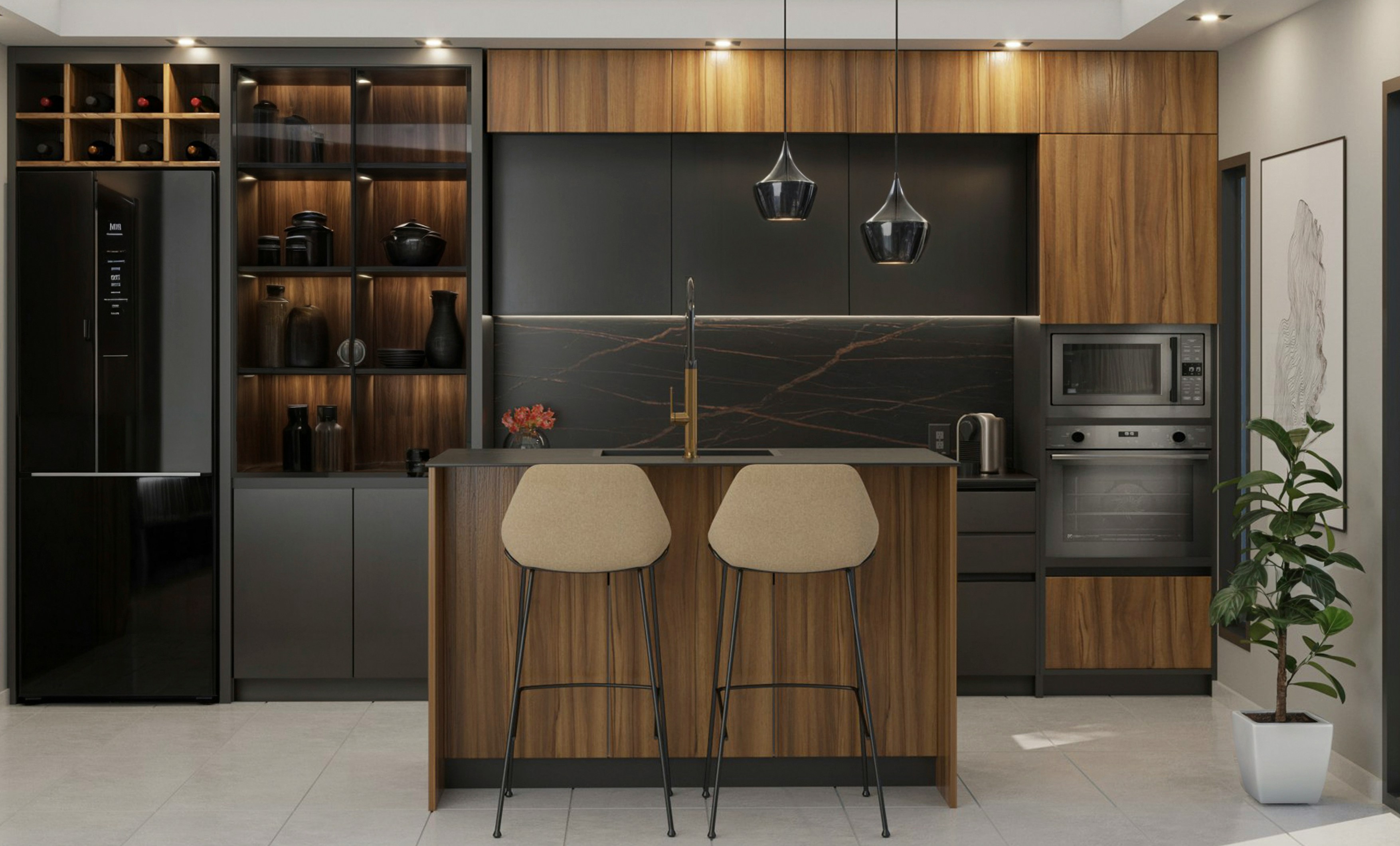 Modern kitchen with island and bar stools.