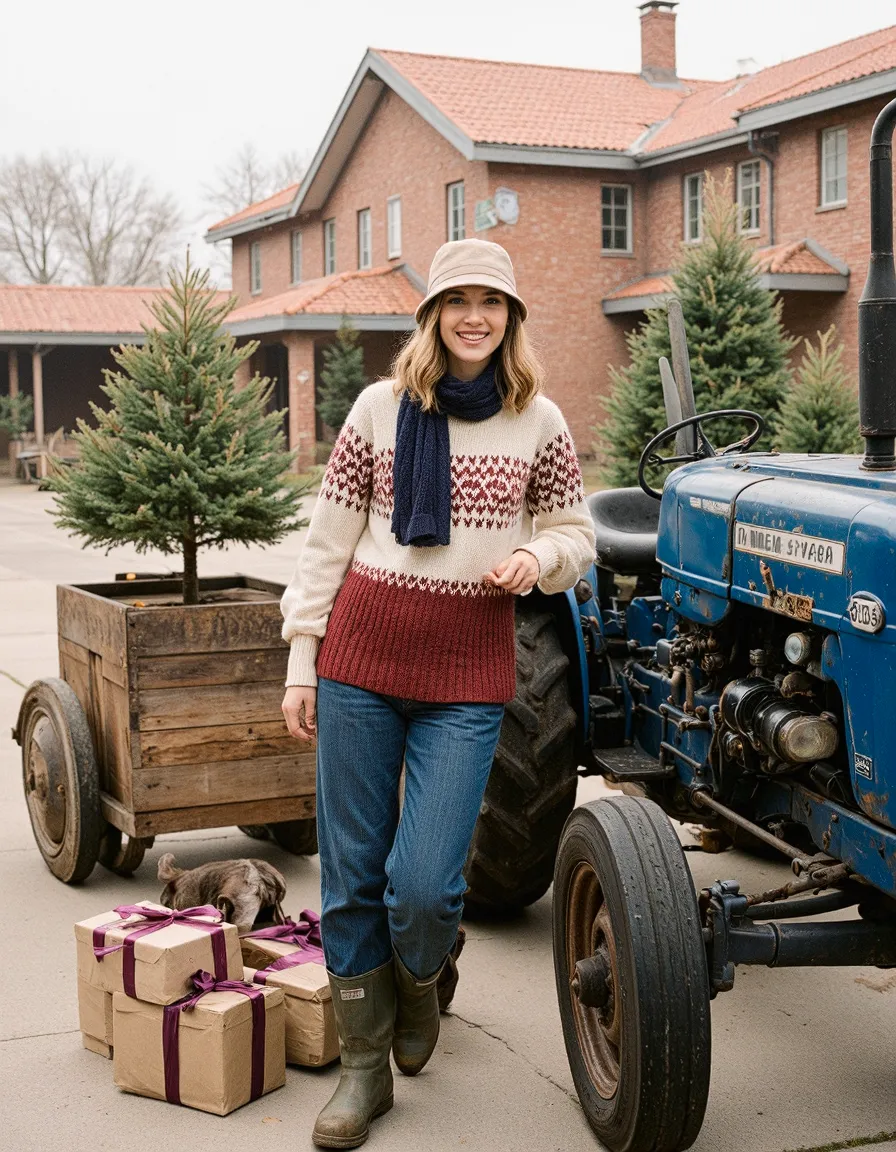 Woman in festive winter sweater and bucket hat posing by vintage tractor with Christmas trees and wrapped gifts