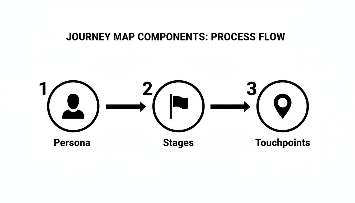 Process flow diagram illustrating journey map components: Persona, Stages, and Touchpoints in sequence.