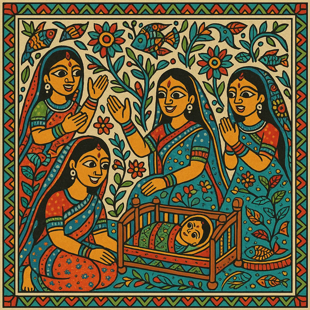 child in cradle surrounded by smiling women