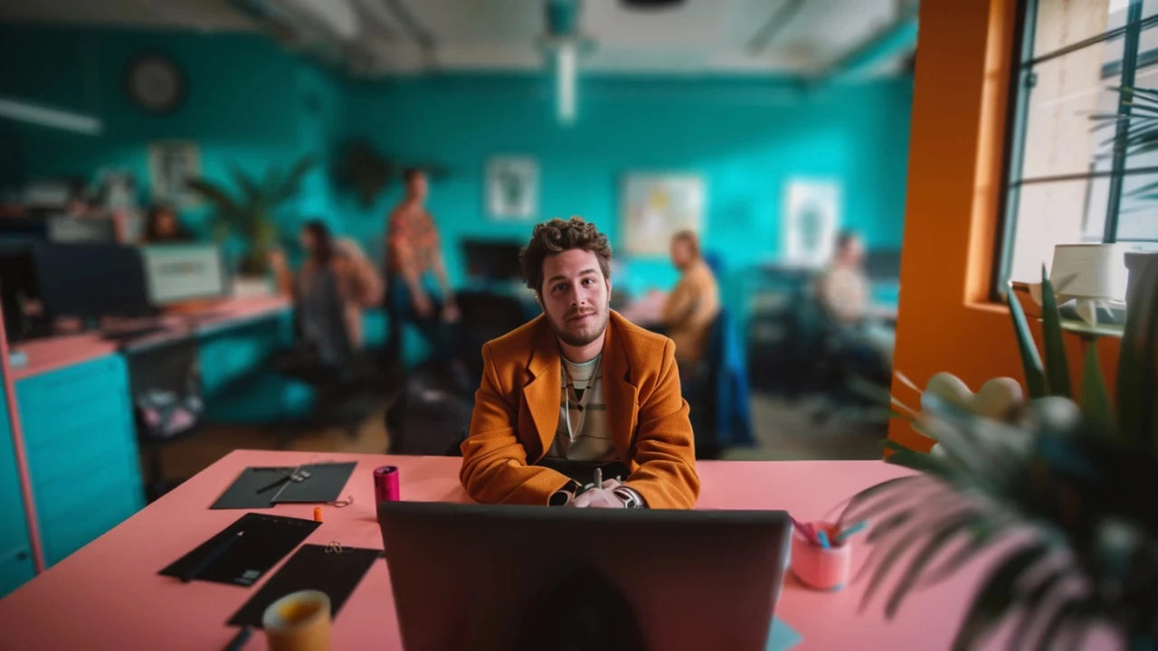 Jeune homme assis face à son ordinateur portable dans un open space aux murs turquoise et orange, regarde droit devant lui avec une expression attentive. Des collègues travaillent en arrière-plan, légèrement flous. L’image illustre la construction d’une culture d’entreprise solide pour renforcer la marque employeur, au cœur d’un environnement collaboratif.