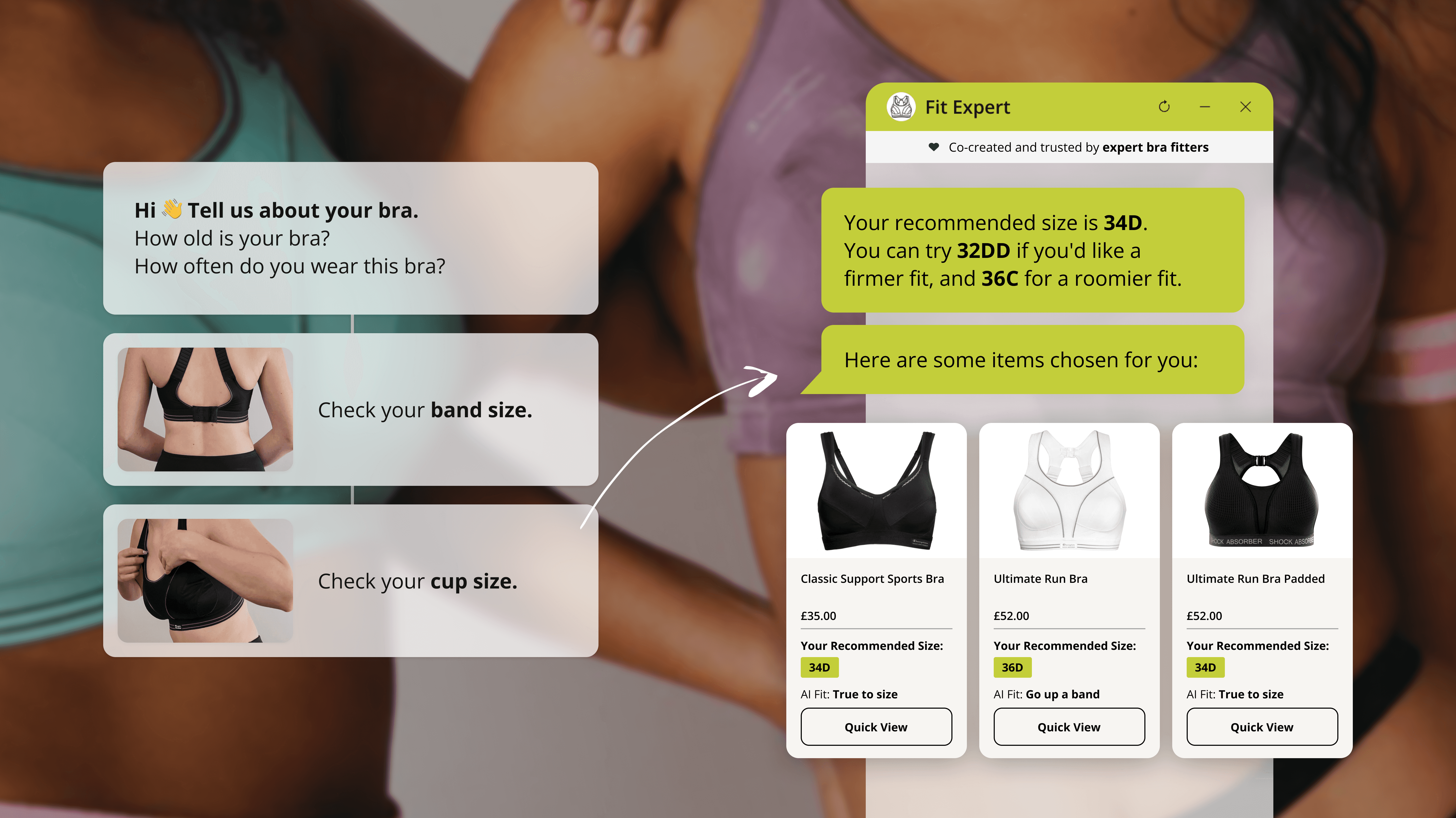 Brarista's fitting quiz on the Shock Absorber site, guiding shoppers to their size using the fitting-by-eye method