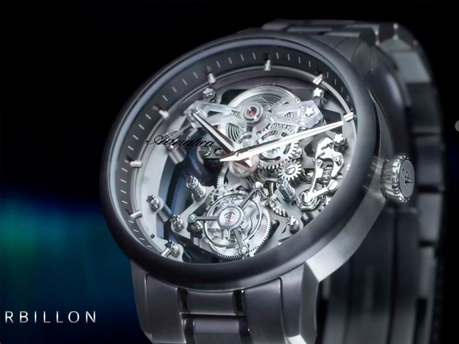 This image features a close-up photograph of a Swiss Adriatica Tourbillon 8888 watch, showcasing its intricate mechanical details and elegant design, captured by Abarel Studio.