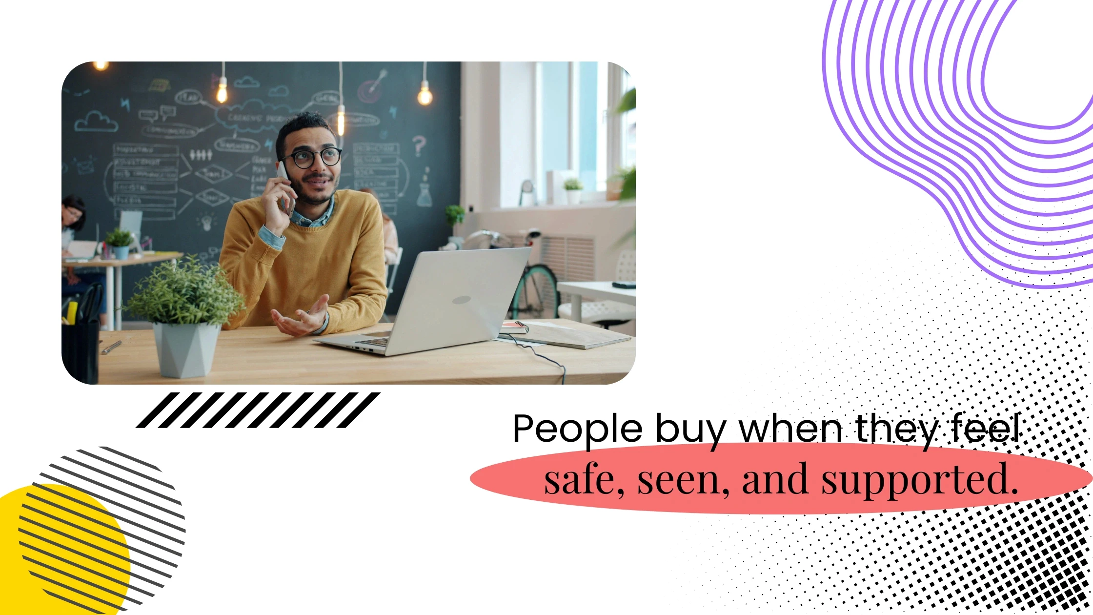 Coach seated at a desk with a laptop, with text about people buying when they feel safe, seen, and supported.
