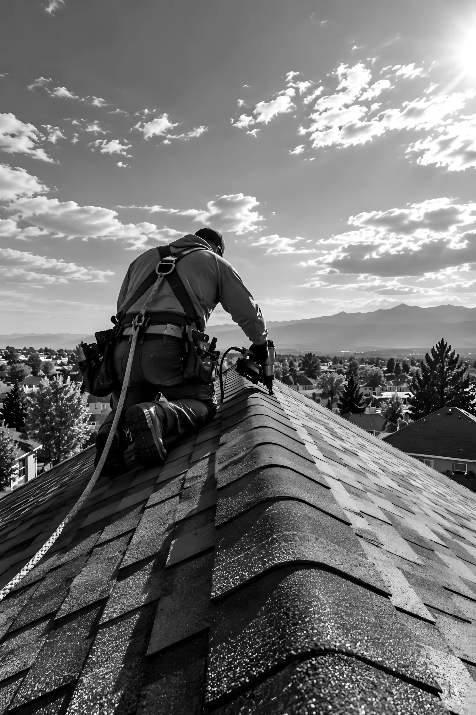 Roofer seen from behind working on a ridge with a nail gun