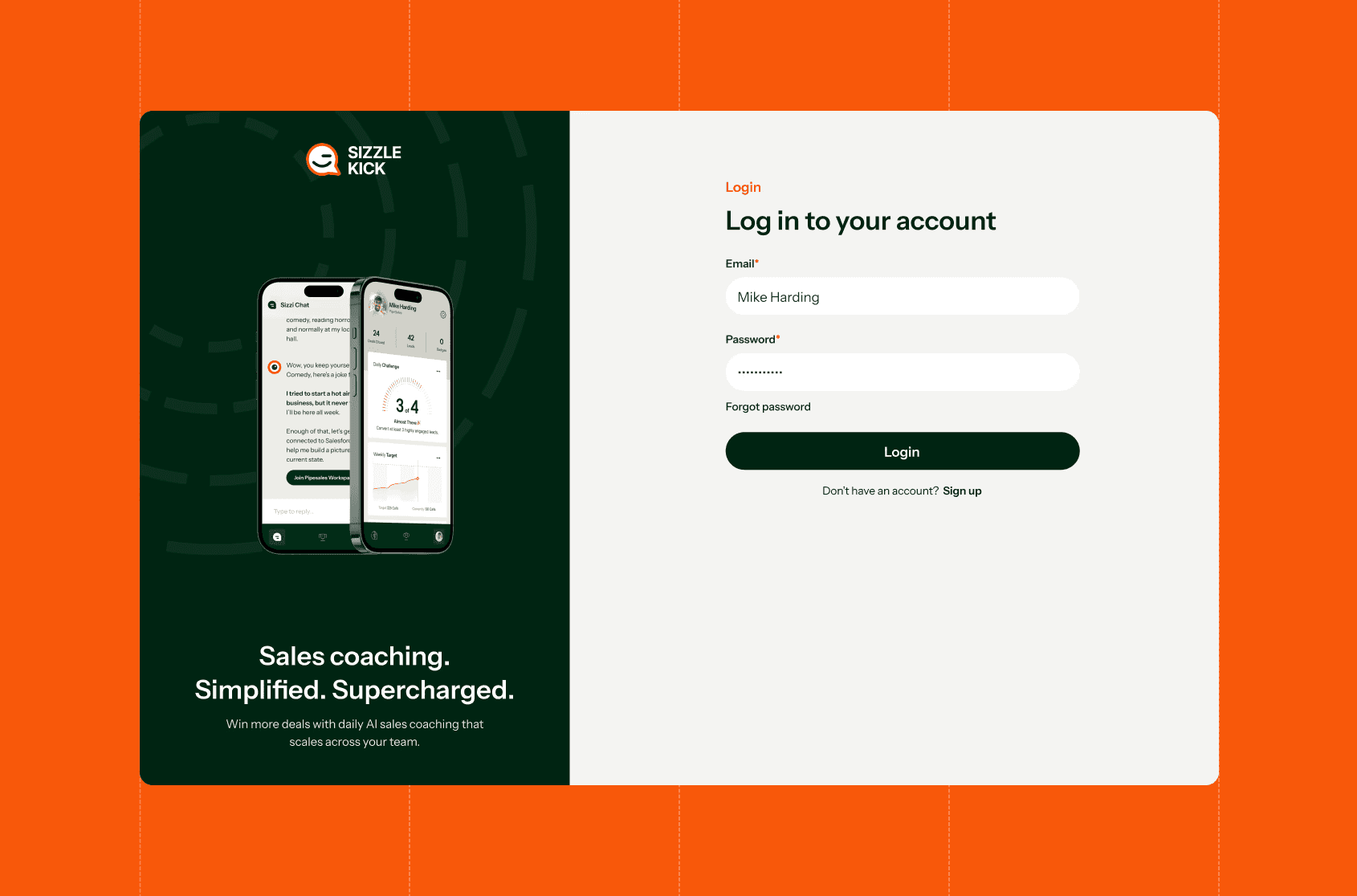 SizzleKick Log in Screen