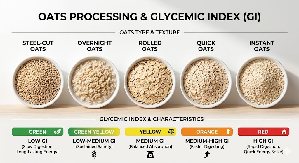 An educational health infographic comparing five types of oats arranged from least to most processed (Steel-Cut, Overnight, Rolled, Quick, and Instant) alongside a color-coded glycemic index and health benefits chart.