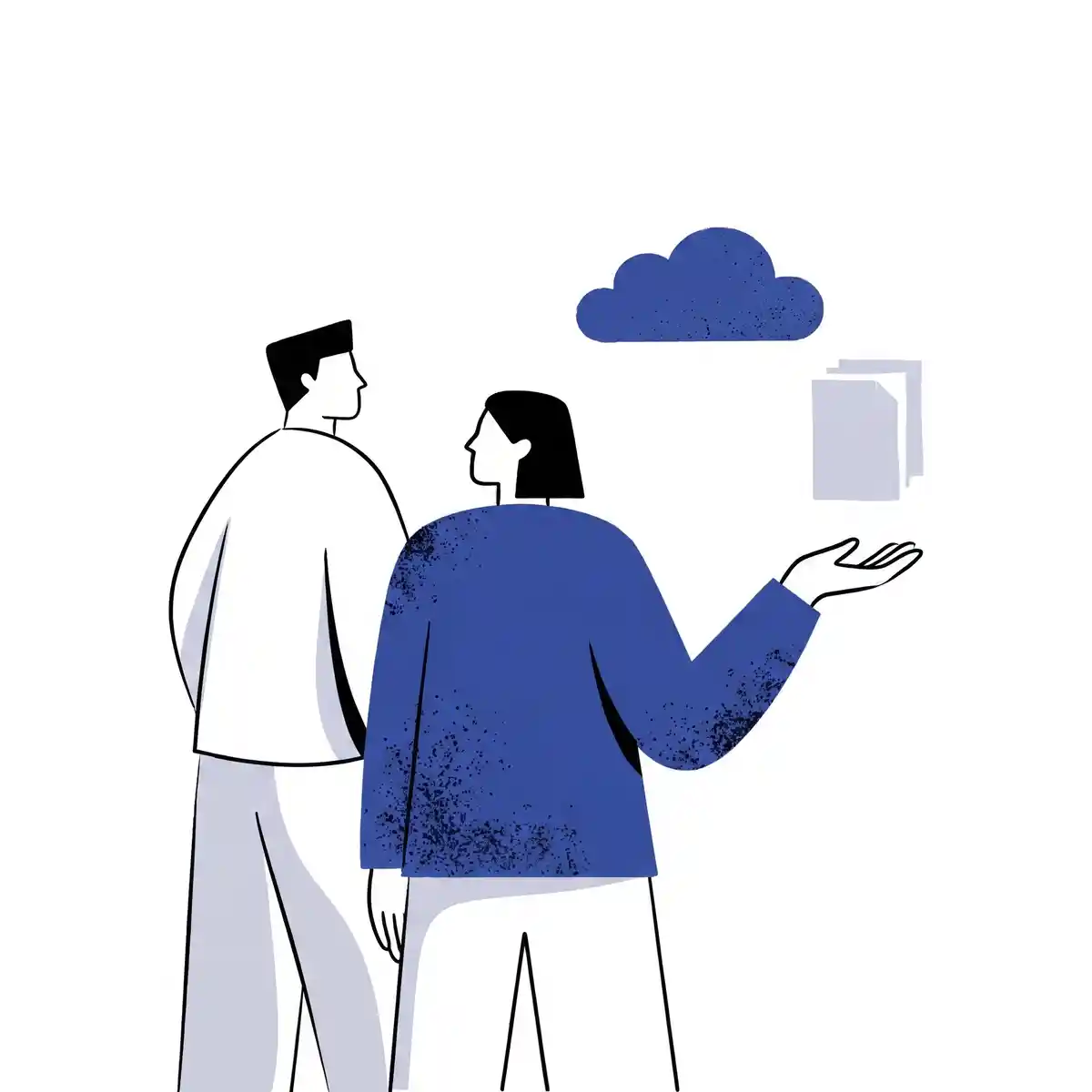Two figures stand in conversation in the foreground, with a small brand-blue cloud-shape and a short column of papers in the upper background — the AI quietly handling the data while the people focus on the relationship.