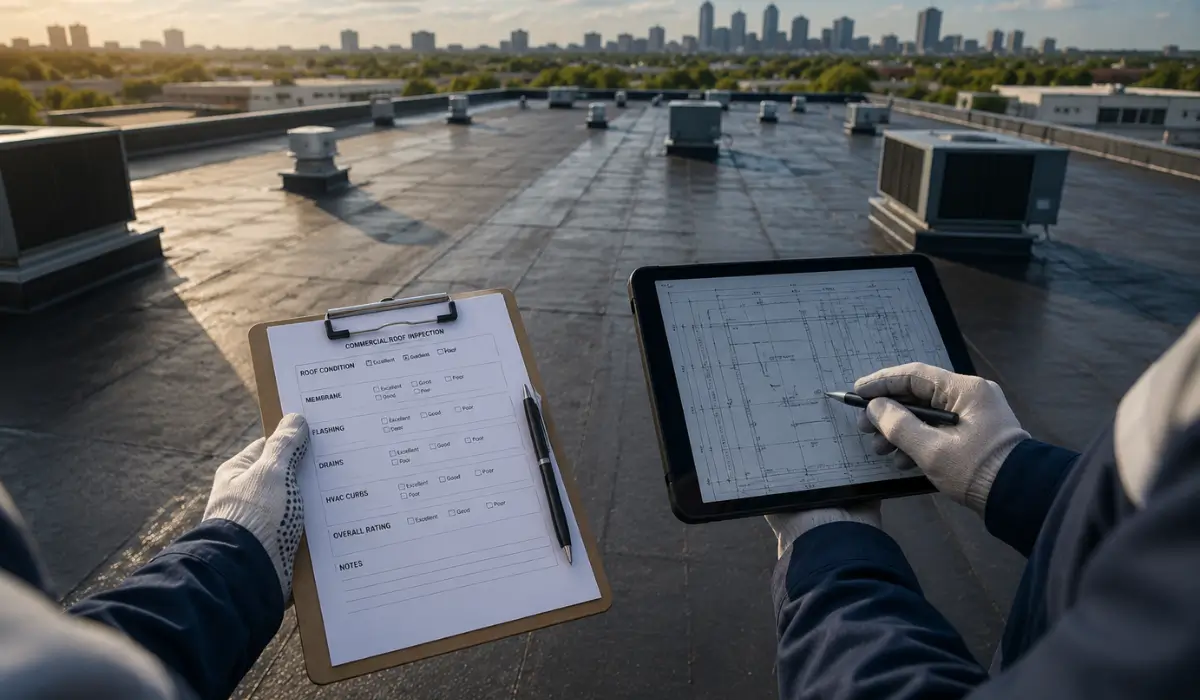 POV commercial roof inspection showing a flat commercial building roof, HVAC equipment, inspection checklist, and digital plans used for Roofing for Commercial Properties planning in Illinois.
