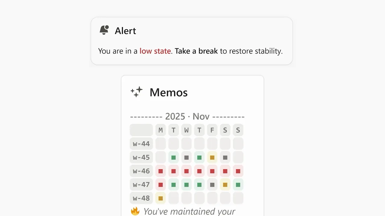 App alert box reading 'You are in a low state. Take a break to restore stability.' above a memos calendar