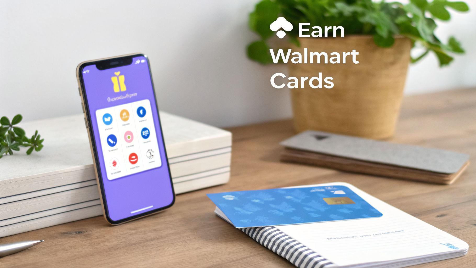 Smartphone showing a rewards app on a desk, next to a blue gift card and text 'Earn Walmart Cards'.
