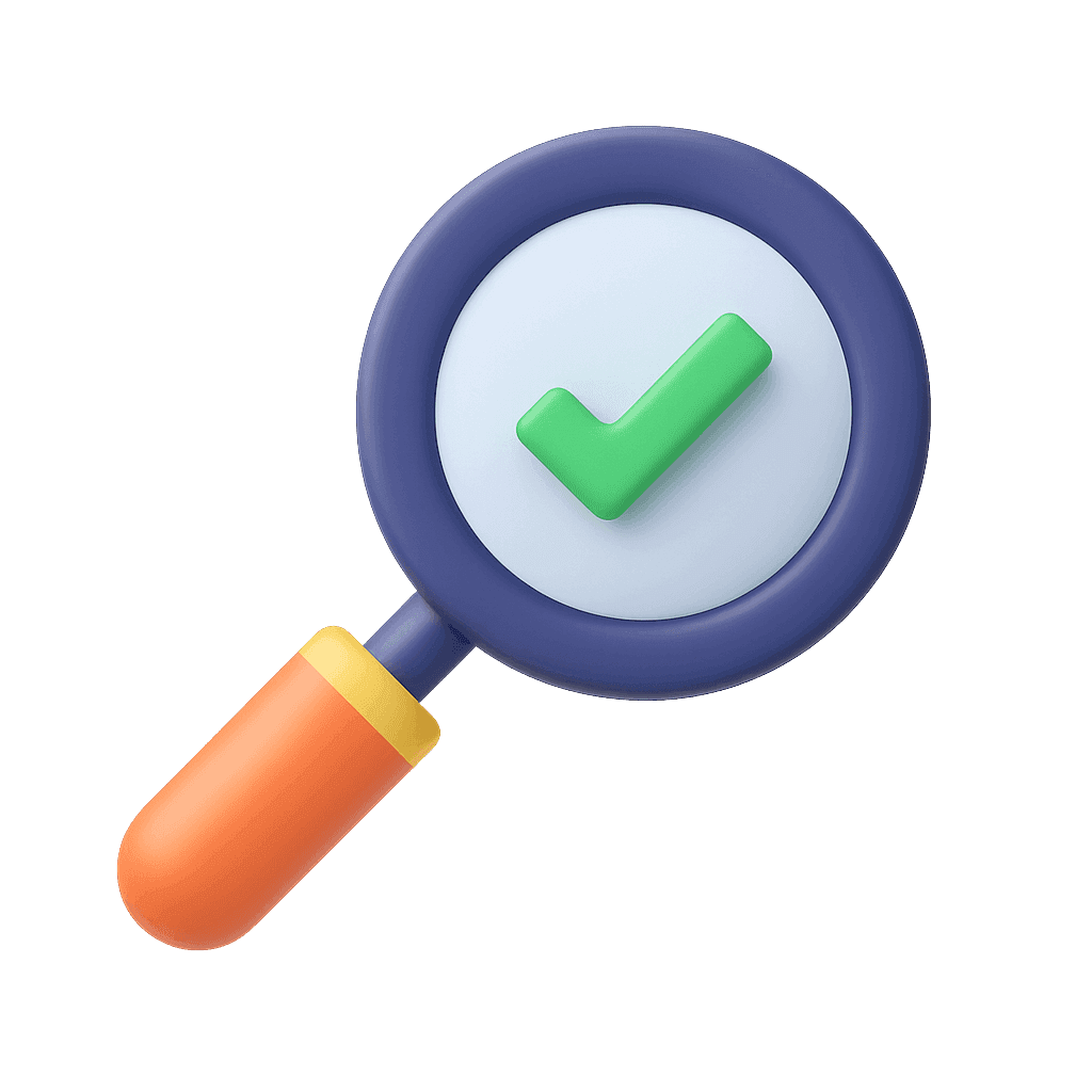 A magnifying glass with a green check mark inside a circular lens, symbolizing verification or approval.
