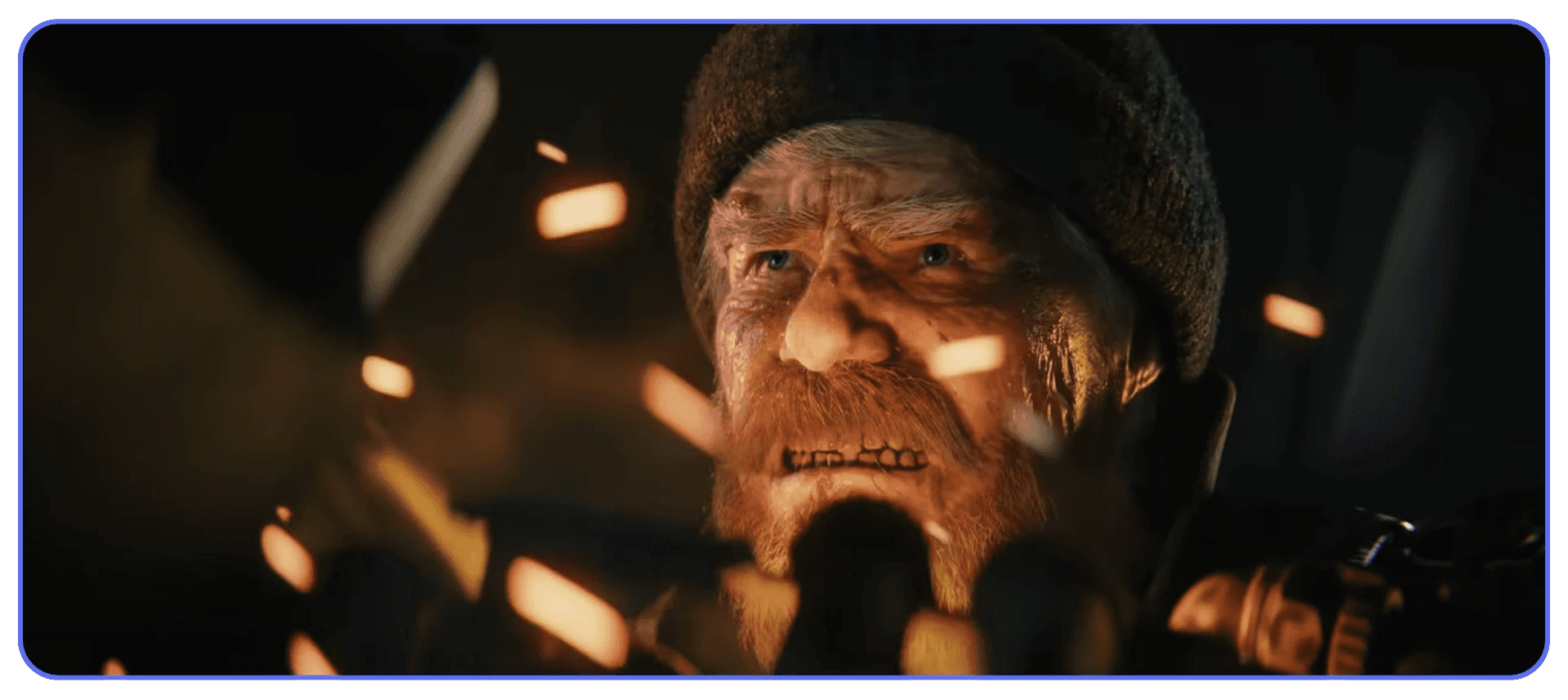 Close-up of a battle-worn hero in Charge, a cinematic Blender short film set in a sci-fi world