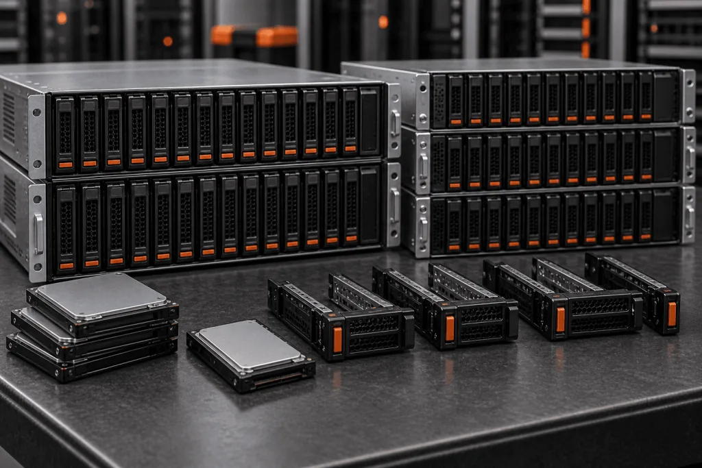Enterprise storage — representative unbranded disk shelves and drive caddies
