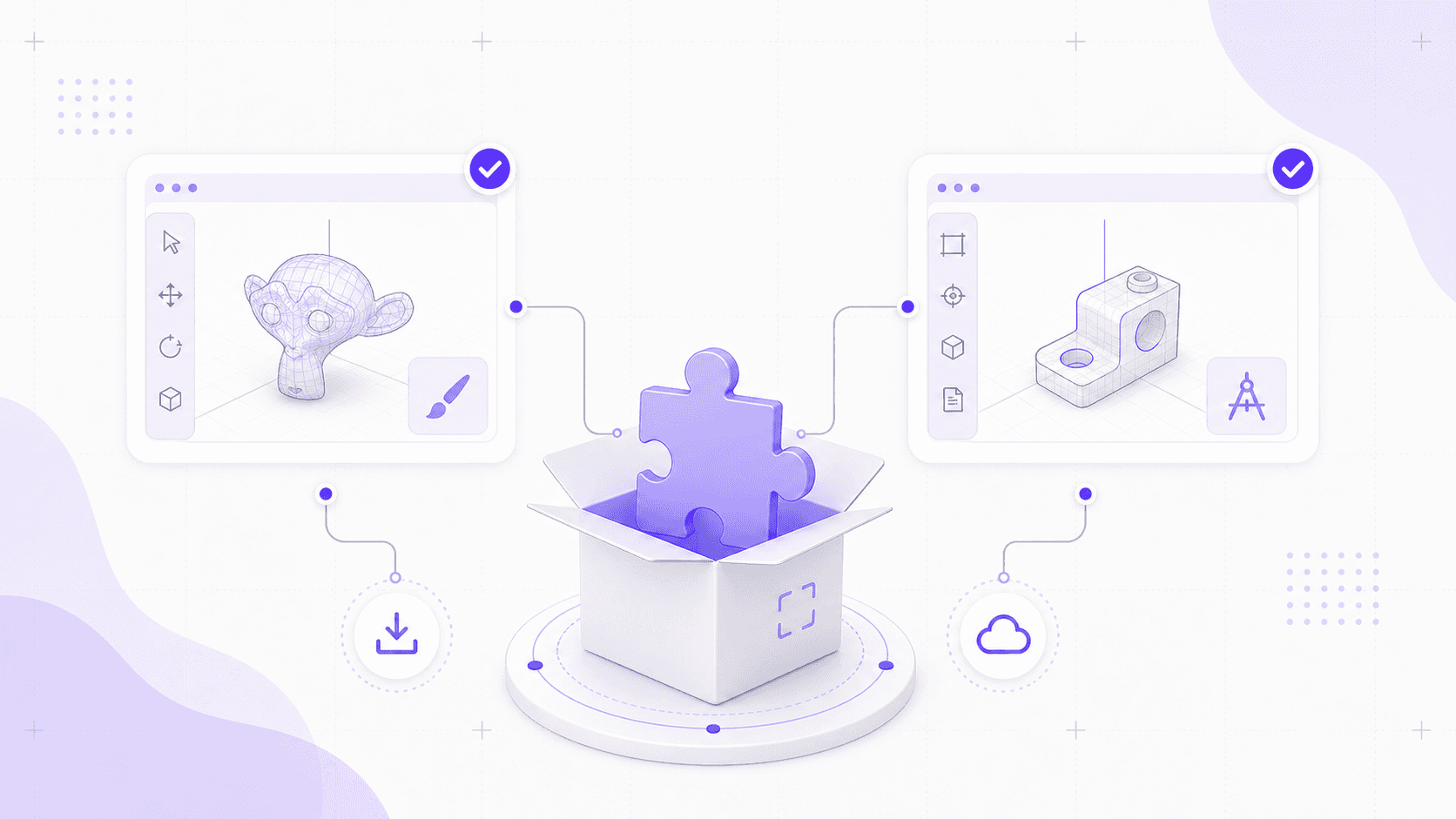 Open-source 3D software illustration with a puzzle piece, sculpting workspace, CAD model, download icon, and cloud icon