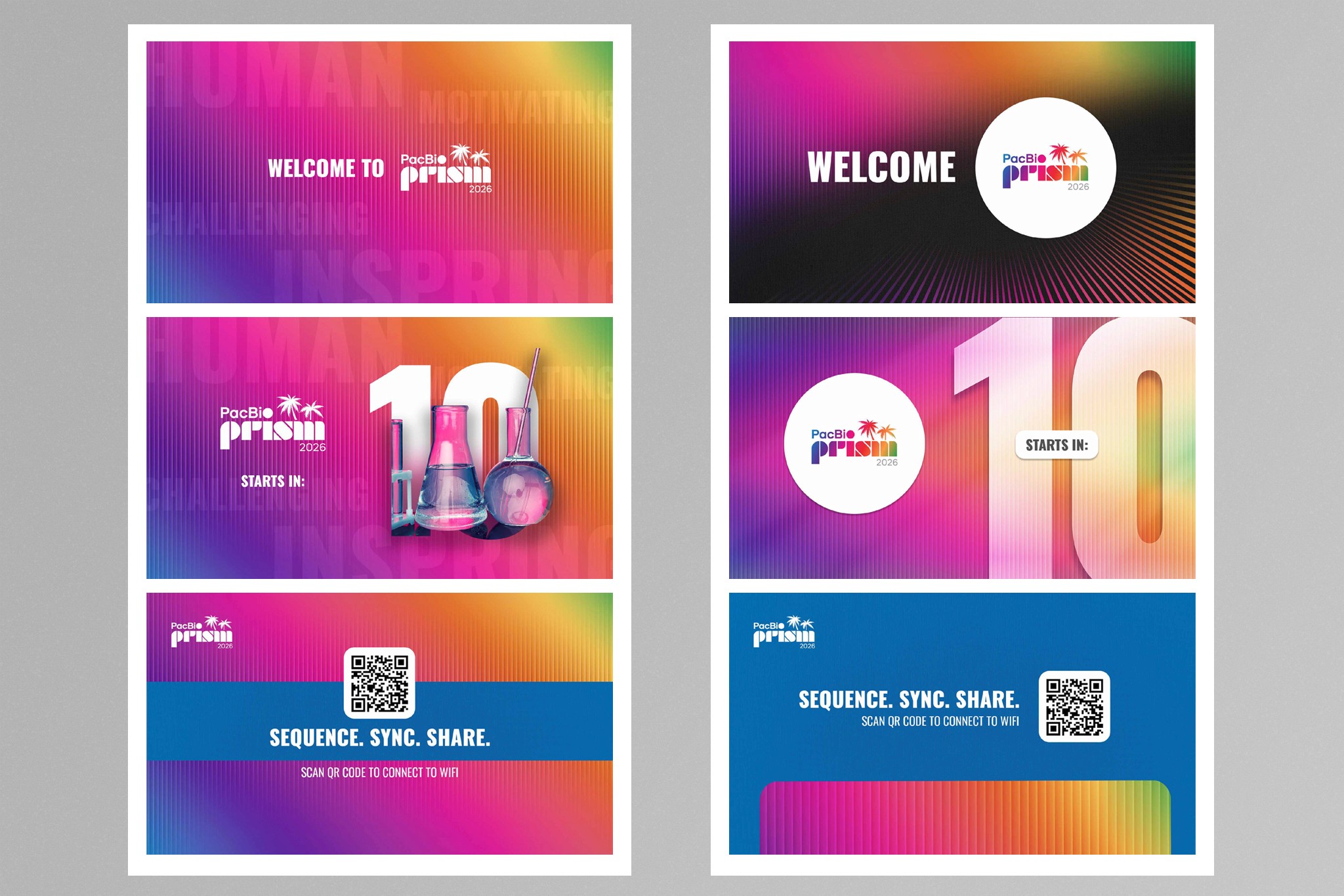 Designing the in‑between moments. Two art direction options that turn welcome, countdown, and Wi‑Fi screens into on‑brand PRISM touchpoints.
