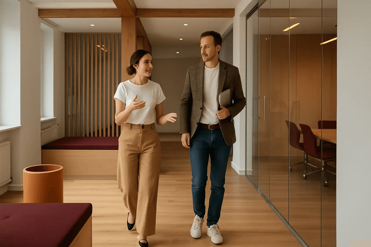 wo colleagues walking and talking in a modern office hallway with warm wooden tones.