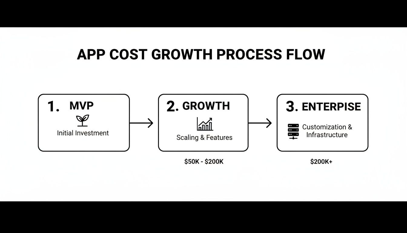 A flowchart titled 'App Cost Growth Process Flow' detailing MVP, Growth, and Enterprise stages.