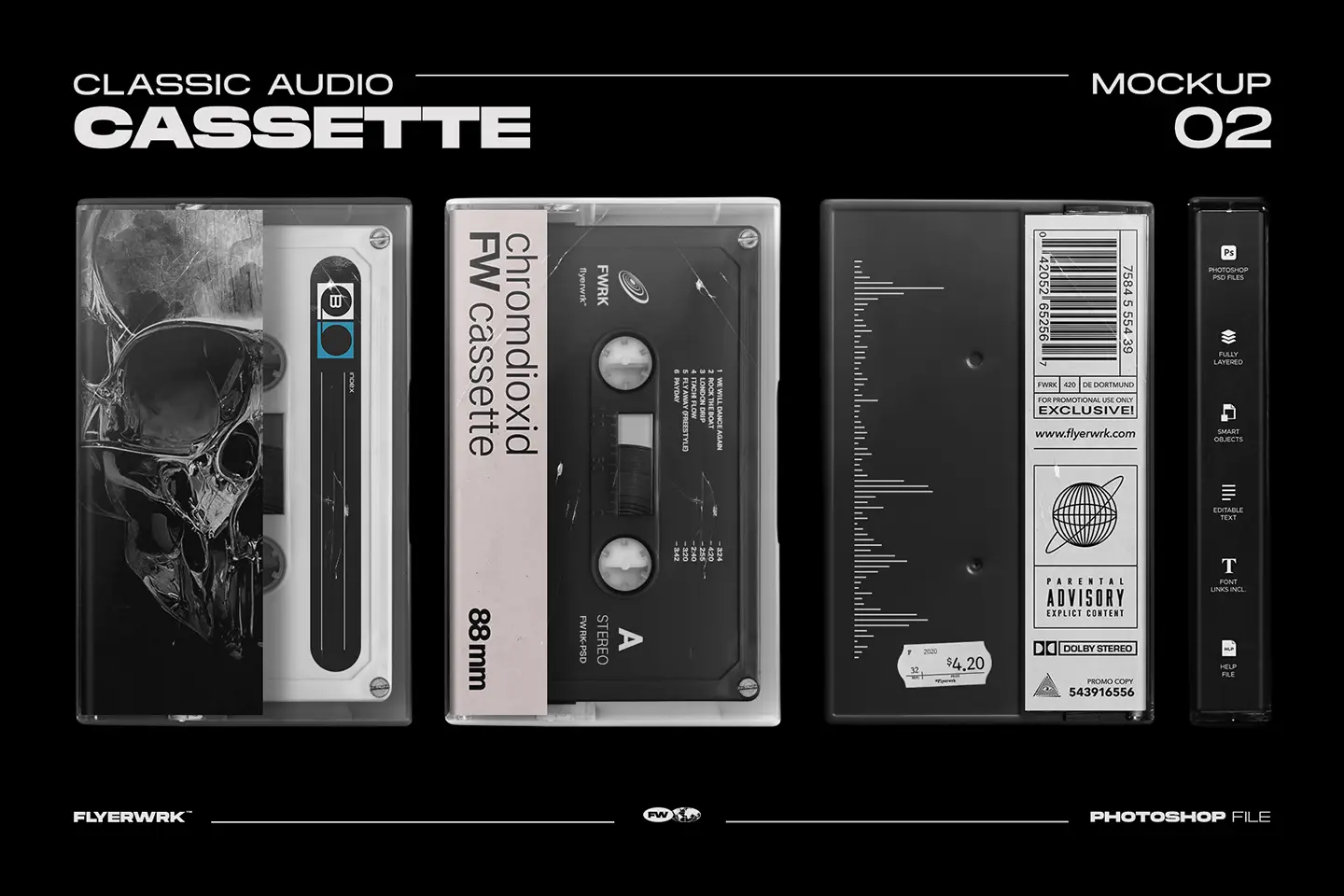 Cassette Case Mockup 02 showing the front cover, back J-card, and side spine views.